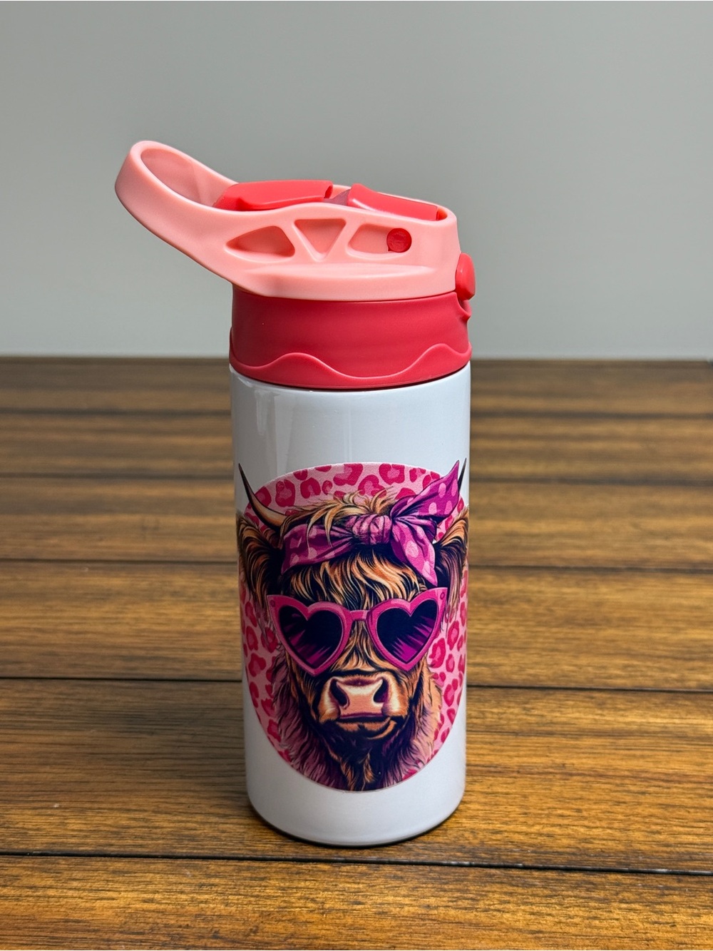 Pink Accent Kids Water Bottle with Cow Graphic